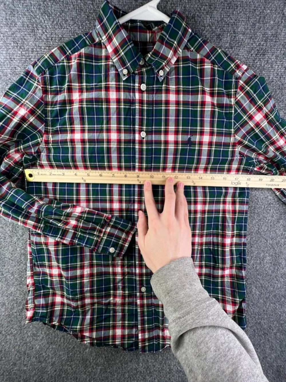 Ralph Lauren Button Up Shirt Boys’ Natural Stretch Large 14-16 Plaid Green Red